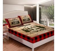 richhome Camper Fitted Sheet Double Size Kids Happy Camping Buffalo Check Bed Sheets Set for Boys Girls Teens RV Camping Bedding Set Breathable Red and Black Check Bedroom Decor