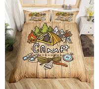 richhome Camping Themed Duvet Cover Single Size 2 Pcs Outdoor Trees Cartoon Tent Flame Decor Bedding Set for Kids Teens Adults Wooden Stripes Rustic Jungle Adventure Comforter Cover with 1 Pillowcase