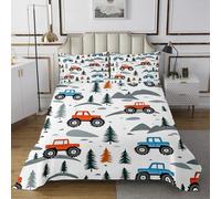 richhome Cartoon Car Bedspread Single Size Kids Mountain Off-Road Vehicle Coverlet Set for Boys Girls Woodland Tree Happy Camping Quilted Coverlet Room Decor