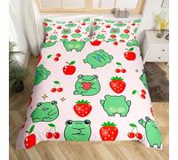 richhome Cartoon Frogs Kids Duvet Cover Single Size,Cute Pool Animals Frogs Bedding Set,Girls Boys Adults Room Decor,Strawberry Cherry Fruits Comforter Cover,Colorful Kawaii Quilt Cover,1 Pillowcase