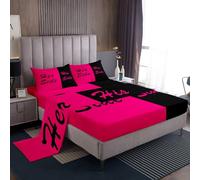 richhome Couple Bed Sheets Sets Double Kids Boys Girls Women Men Lover Bedding Set Black and Hot Pink Bed Sheet Set with 16-Inch Deep Pockets Valentine's Day 4Pcs with 2 Pillow Cases Romantic Love