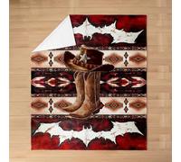 richhome Cowboy Hat Boots Plush Throw Blanket Cowhide Cow Retro Fur Flannel Blanket Double 60x79Inch Western Aztec All Season Exotic Geometric for Couch Bed Sofa Boho Rustic Farmhouse Bedroom Decor