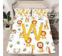 richhome Cute Animal Nursery Fitted Sheet with 1 Pillowcase Single Size Initial Letter W Bed Sheets Set 16" Deep Pocket Boys Girls Cartoon Lion Giraffe Bedding Alphabet Wildlife Teens Soft
