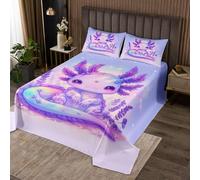 richhome Cute Axolotl Bedspread King Size Flower Floral Pattern Cartoon Salamander Reptile Animal Coverlet Set Purple Yellow Quilted Coverlet for All Season With 2 Pillowcases Microfiber Lightweight