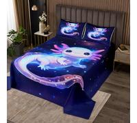 richhome Cute Axolotl Bedspread King Size Galaxy Cartoon Salamander Coverlet Set Deep Purple Pink Blue Quilted Coverlet for All Season With 2 Pillowcases Microfiber Lightweight