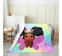 richhome Cute Black Girl Fleece Throw Blanket Baby 30x40Inch African American Flannel Blanket Plush Fuzzy for Kids Boys Girls Princess Theme Fairy Wings for Bed Couch Chair Living Room Microfiber