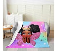 richhome Cute Black Girl Fleece Throw Blanket Baby 30x40Inch African American Flannel Blanket Plush Fuzzy for Kids Boys Girls Fairy Wings Princess Theme for Bed Couch Chair Living Room Microfiber