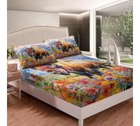 richhome Cute Buffalo Fitted Sheet for Kids Boys Girls Wild American Bison Bedding Set Double Size Wildlife Ranch Horns Mountain Floral Blossom Bed Sheets Set Bedroom Decor Breathable Soft 3Pcs