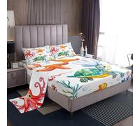 richhome Cute Sea Turtle Bed Sheets Set Single Size Kids Cartoon Octopus Fish Bedding Set for Boys Girls Teens Starfish Sea Animal Creatures Ocean Marine Themed Fitted Sheet Room Decor