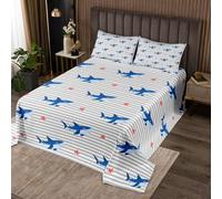 richhome Cute Shark Bedspread Single Size Gray Geometric Stripes Coverlet Set for Kids Boys Girls Summer Starfish Beach Ocean Marine Underwater Animal Theme Quilted Coverlet Room Decor