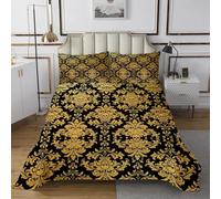 richhome Damask Pattern Bedspread Double Size Vintage Floral Flower Black Golden Coverlet Set for Adults Teens Gothic Bone Skeleton Antique Victorian Baroque Quilted Coverlet Room Decor