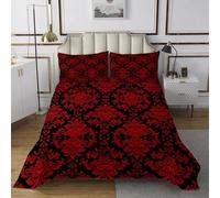 richhome Damask Pattern Bedspread King Size Vintage Floral Flower Black Red Coverlet Set for Adults Teens Gothic Bone Skeleton Antique Victorian Baroque Quilted Coverlet Room Decor