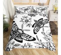 richhome Death Moth Bedding Set King Size Kids Skull Decor Comforter Cover for Boys Girls Teens Gothic Goth Skull Halloween Boho Moth Floral Black White Duvet Cover Soft Room Decor 3Pcs