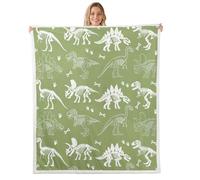 richhome Dinosaur Bones Fleece Throw Blanket Single 50"x60" Kids Jungle Dino Fossils Plush Sherpa Blanket for Boys Girls Teens Wild Animals Print for Bed Couch Chair Living Room Breathable Green White