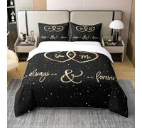 richhome Double Mr Mrs 100% Cotton Bedding Set You and Me for Couple Lover Men Funny Quotes Duvet Cover Gold and Black Romantic Wedding Themed Down Alternative for Room Decor Quilt Cover