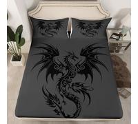 richhome Dragon Fitted Sheet with 1 Pillowcase Single Size Gray Black Bed Sheets Set 16" Deep Pocket Boys Girls Magical Dragon Bedding Wild Animal Teens Bedroom Decor Breathable Soft
