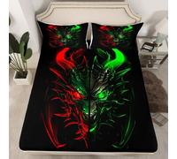 richhome Dragon Fitted Sheet with 1 Pillowcase Single Size Red Green Bed Sheets Set 16" Deep Pocket Boys Girls Magical Dragon Bedding Wild Animal Teens Bedroom Decor Breathable Soft