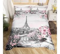 richhome Eiffel Tower Kids Duvet Cover Set Double Size,Paris Famous Urban Architecture Bedding Set,Teens Adults Room Decor,Pink Roses Flowers Romantic Comforter Cover,Retro Quilt Cover,2 Pillowcases