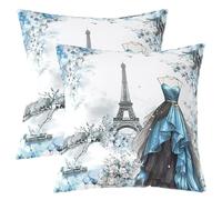 richhome Eiffel Tower Throw Pillow Covers 50x50cm Set of 4 Girls Dress Floral Flower Blue Cushion Case for Women Adults Teens Modern French Paris Style Romantic City Decor Pillowcase Home Decor
