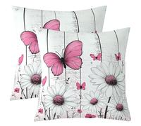 richhome Farmhouse Floral Throw Pillow Covers Set of 1 Kids Boys Girls 55x55cm White Daisy Flower And Pink Butterfly Cushion Case Rustic Wood Board Decor Pillowcase Natural Theme Indoor Outdoor