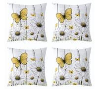 richhome Farmhouse Floral Throw Pillow Covers Set of 4 Kids Boys Girls 50x50cm Rustic Wood Board Cushion Case White Daisy Flower And Yellow Butterfly Decor Pillowcase Natural Theme Indoor Outdoor