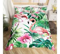 richhome Flamingo Bedding Set Tropical Flamingo Pattern Comforter Cover for Kids Adult Green Palm Leaf Duvet Cover Hawaiian Botanical Bedspread Cover Room Decor 2Pcs With 1 Pillow Case Single Size
