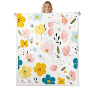 richhome Floral Sherpa Blanket Plush Fuzzy Cute Flower Fleece Throw Blanket Boys Girls Blossom Flowers Pattern for Bed Couch Chair Living Room Cartoon Printing Yellow Pink Green Queen 90x90Inch