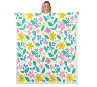 richhome Floral Sherpa Throw Blanket for Couch Floral Botanical Super Soft Cozy Fleece Cute Flower Blanket for Winter, Plush Throw Cartoon Printing Queen 90x90Inch Green Yellow Pink All Season