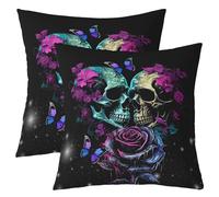 richhome Floral Skull Pillow Covers Set of 2,Romantic Valentine's Day Decor Gothic Roses Butterfly Throw Cushion Covers 18"x18",Vintage Dark Night Starry Sky Cushion Cases for Couch and Bed