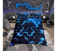 richhome Geometric Honeycomb Duvet Cover Double Size,Hexagon Abstract Bedding Set,Kids Boys Girls Adults Room Decor,Fashion Patchwork Comforter Cover,Blue Black Neon Quilt Cover,2 Pillowcases