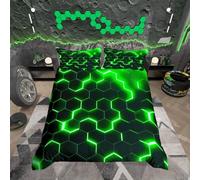 richhome Geometric Honeycomb Duvet Cover Super King Size,Hexagon Abstract Bedding Set,Kids Boys Girls Adults Room Decor,Green Black Neon Light Comforter Cover,Modern Fashion Quilt Cover,2 Pillowcases