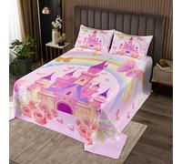 richhome Girls Cartoon Castle Bedspread Single Size Princess House Rainbow Flowers Butterfly Coverlet Set for Kids Boys Dreamy Fairy Tale Quilted Coverlet Room Decor
