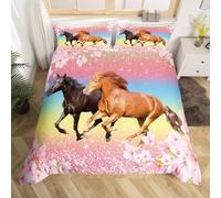 richhome Girls Horse Bedding Set King Size Kids Horses Pink Floral Duvet Cover Set for Kids Galloping Farm Horse Flower Comforter Cover Set Wild Animal Cherry Blossom Bedding