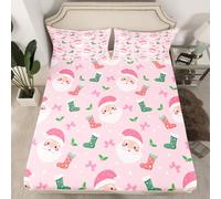 richhome Girls Pink Christmas Fitted Sheet Single for Kids Santa Claus Bow Bed Sheets Set 16" Deep Pocket Soft Breathable Microfiber Kawaii Bowknot Christmas Stocking Bedding with 1 Pillowcase Decor