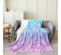 richhome Girls Purple Blue Snowflake Flannel Fleece Throw Blanket Letter M Queen 90x90Inch Princess Fleece Throw Blanket for Kids Christmas Winter Snow for Bed Couch Chair Glitter Bedroom Decor