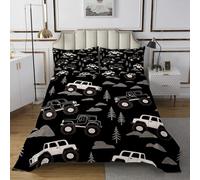 richhome Gray Black Cartoon Car Bedspread Single Size Kids Mountain Off-Road Vehicle Coverlet Set for Boys Girls Woodland Tree Happy Camping Quilted Coverlet Room Decor