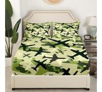 richhome Green Aircraft Fitted Sheet Single Size Kids Airplane Flying Bed Sheets Set for Boys Girls Teens Military Army Bedding Set Breathable Helicopter Flying Plane Bedroom Decor