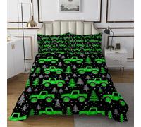 richhome Green Cartoon Truck Bedspread King Size Kids Mountain Off-Road Vehicle Car Coverlet Set for Boys Girls Woodland Tree Happy Camping Quilted Coverlet Room Decor