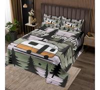 richhome Grey Camper Bedspread King Size Happy Camping Coverlet Set for Kids RV Camping Car Accessories for Travel Vintage Tree Quilted Coverlet Women Men Teens Decor All Season