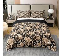 richhome Groovy Flower Duvet Cover 100% Cotton King Size Retro Floral Boho Bedding Set for 70S Hippie Flowers Bohemian Comforter Cover Floral Bedroom Decor 3Pcs Golden and Black With 2 Pillowcases