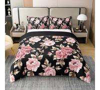 richhome Groovy Flower Duvet Cover 100% Cotton King Size Retro Floral Boho Comforter Cover for 70S Hippie Groovy Flowers Bohemian Bedding Set 3Pcs Psychedelic Floral Room Decor Pink and Black Soft
