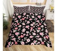 richhome Groovy Flower Duvet Cover Super King Size Retro Floral Boho Bedding Set Breathable Soft 70S Hippie Groovy Flowers Bohemian 3Pcs Psychedelic Floral Bedroom Decor Black and Pink