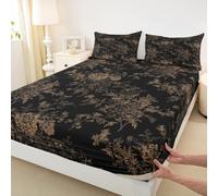 richhome Groovy Flower Fitted Sheet with 2 Pillowcases Double Size Retro Floral Boho Bed Sheets Set 16" Deep Pocket 70S Hippie Flowers Bohemian Bedding Floral Teens Bedroom Decor Black and Gold Soft
