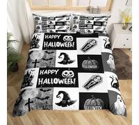 richhome Halloween Duvet Cover Double Size Boys Girls Gray Patchwork Pumpkin Skull Bedding Set Breathable Soft Bat Spider Web Cobweb Comforter Cover 3Pcs All Saints' Day Bedroom Decor Microfiber