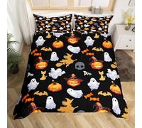 richhome Halloween Duvet Cover Double Size Ghost Pumpkin Lantern Bedding Set for Boys Girls Bat Witch Comforter Cover All Saints' Day Bedroom Decor 3Pcs Black With 2 Pillowcases