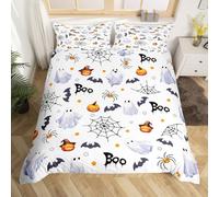 richhome Halloween Ghost Duvet Cover Double Size Bat Spider Web Cobweb Comforter Cover for Boys Girls All Saints' Day Bedding Set 3Pcs Pumpkin Lantern Room Decor White Breathable Soft Microfiber