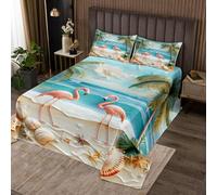 richhome Hawaiian Beach Bedspread Double Size Kids Palm Leaf Tropical Flamingo Coverlet Set for Boys Girls Summer Sea Ocean Wave Starfish Seashell Conch Quilted Coverlet Room Decor