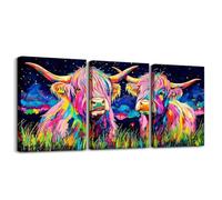 richhome Highland Cow Canvas Wall Art for Living Room Bedroom 40x30cm 3 Piece Farm Animal Picture Wall Galaxy Rustic Farmhouse Bathroom Wall Art Farmhouse Outer Space Cow Pink Purple Wall Painting