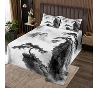 richhome Japanese Style Bedspread Single Size Kids Fuji Mountain Decor Coverlet Set for Boys Girls Teens Gray Chinese Ink Painting Down Natural scenery Quilted Coverlet Room Decor