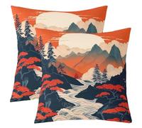 richhome Japanese Throw Pillow Covers Mount Fuji Pillow Covers for Home Sofa Bed Couch for Kids Boys Girls Vintage Chinese Landscape Cushion Covers Ink Painting Pillowcases, 45x45cm Set of 1